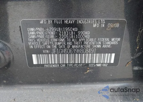 2009 Subaru Impreza 2.5I z USA, uszkodzony, nr VIN JF1GH60639H808491